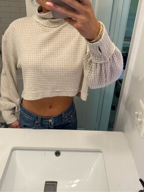 Free People Cream Waffle-Knit Cropped Mock Neck Top